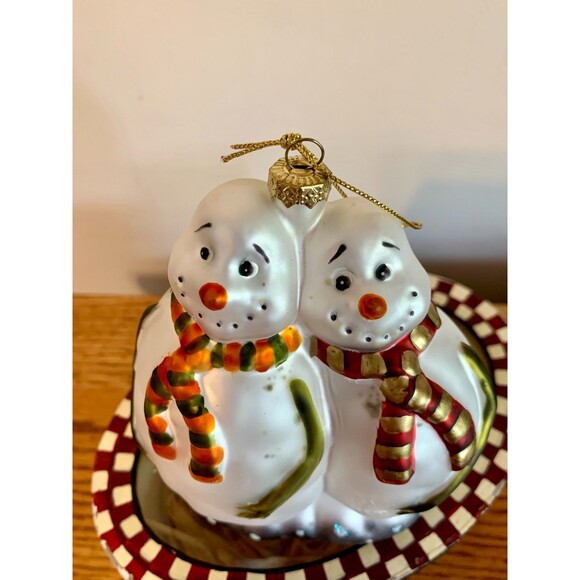VTG 90s Primitive Snowman Couple Blown Glass Hand Painted Ornament w Box Xmas - Picture 10 of 16